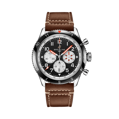 Breitling chronograph watch with a black dial, three silver subdials, red accents, Arabic numerals, black numbered bezel and brown strap with white stitching.