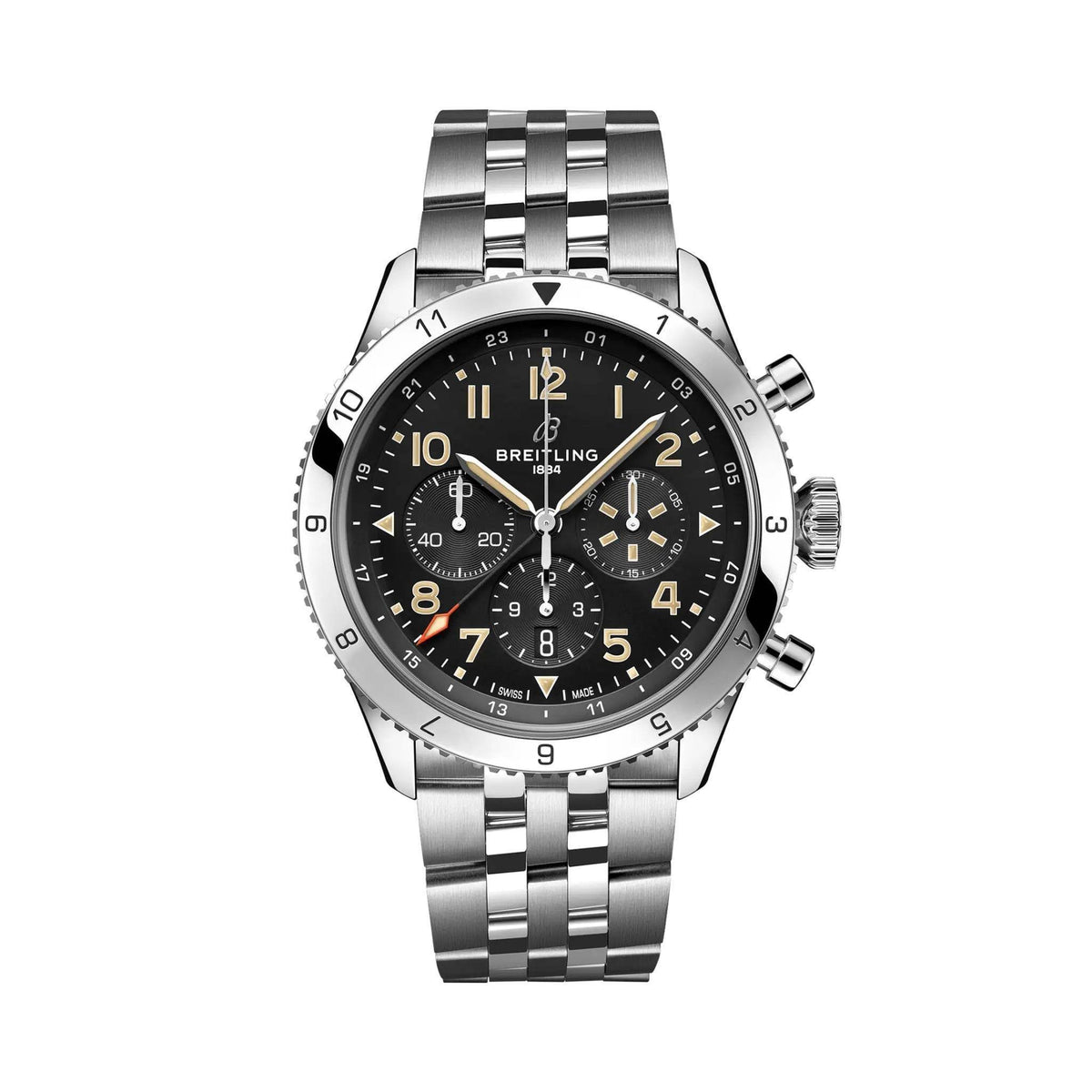 Breitling chronograph watch with a black dial, three subdials, cream Arabic numerals, numbered silver tone bezel and metal bracelet.