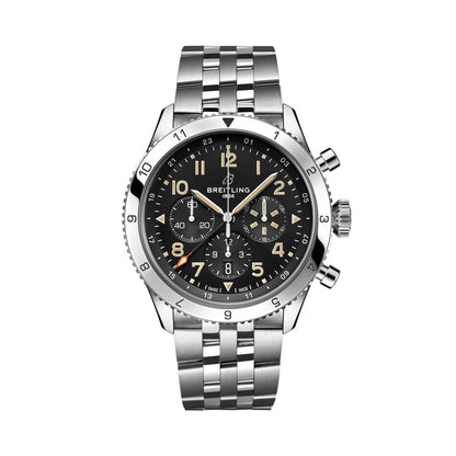 Breitling chronograph watch with a black dial, three subdials, cream Arabic numerals, numbered silver tone bezel and metal bracelet.