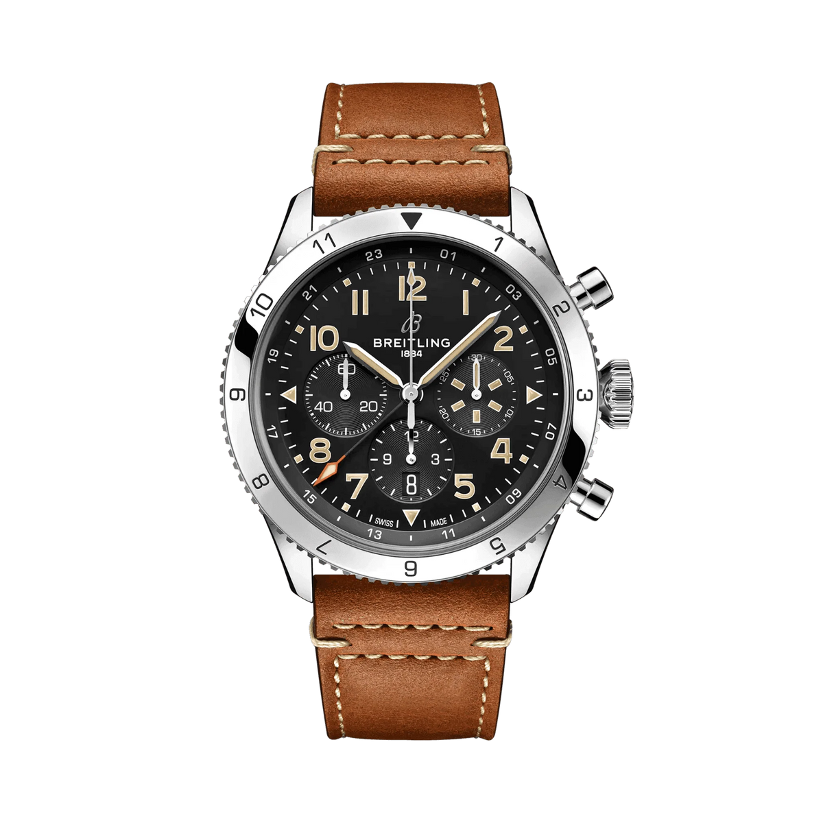 Breitling chronograph watch with a black dial, three subdials, cream Arabic numerals, numbered silver tone bezel and brown strap with white stitching.