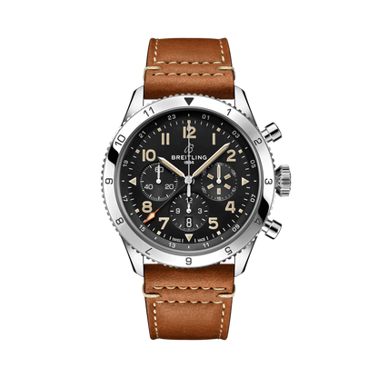 Breitling chronograph watch with a black dial, three subdials, cream Arabic numerals, numbered silver tone bezel and brown strap with white stitching.