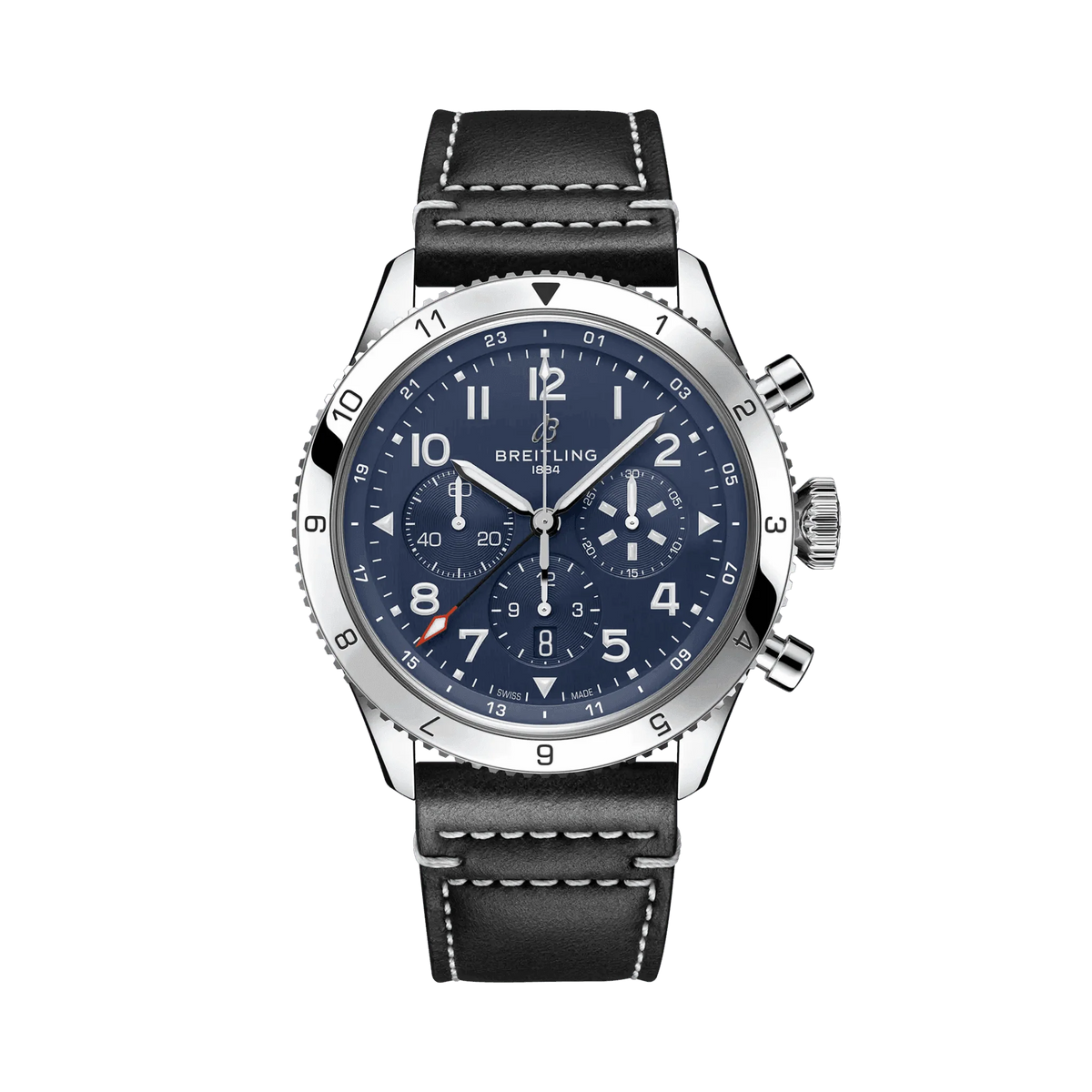Breitling chronograph watch with a blue dial, three subdials, Arabic numerals, silver tone numbered bezel and black leather strap with white stitching.