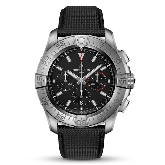 Breitling Super Chronomat B01 46 wristwatch featuring a titanium case, black dial with silver chronograph sub-dials, silver baton indices, date window at 6 o'clock, silver bezel with rider tabs, and black textured rubber strap.
