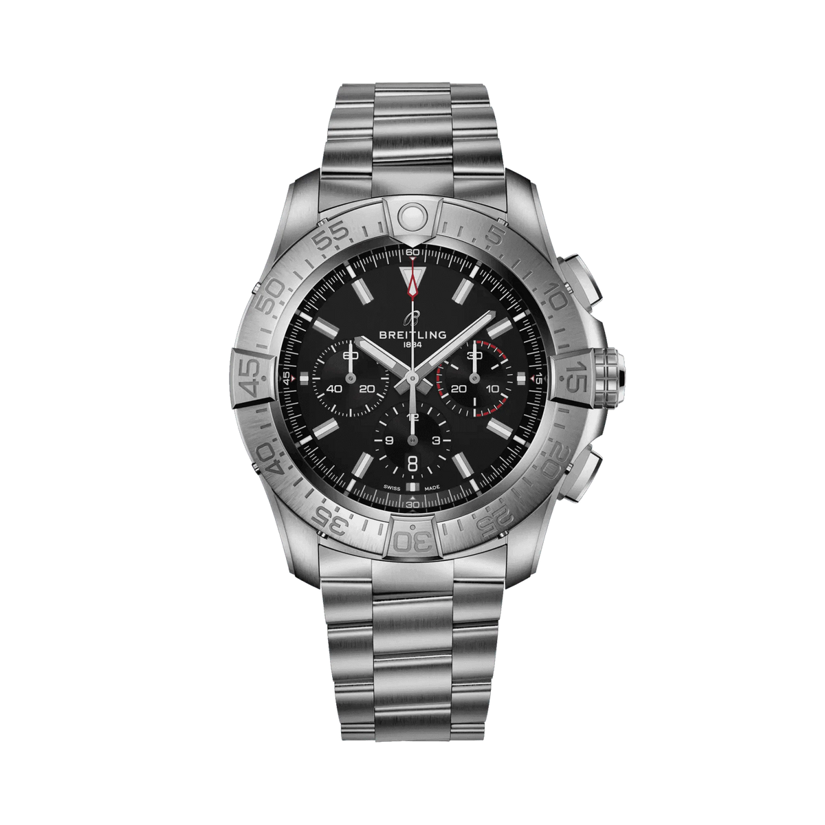 Breitling chronograph watch with a black dial, three subdials, red accents, silver tone numbered bezel and metal bracelet.
