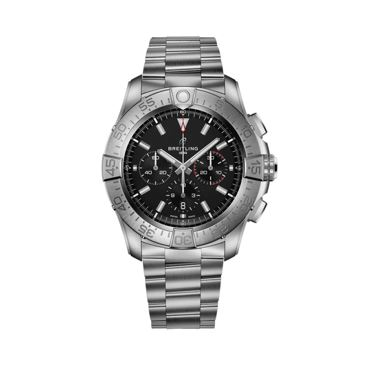 Breitling chronograph watch with a black dial, three subdials, red accents, silver tone numbered bezel and metal bracelet.