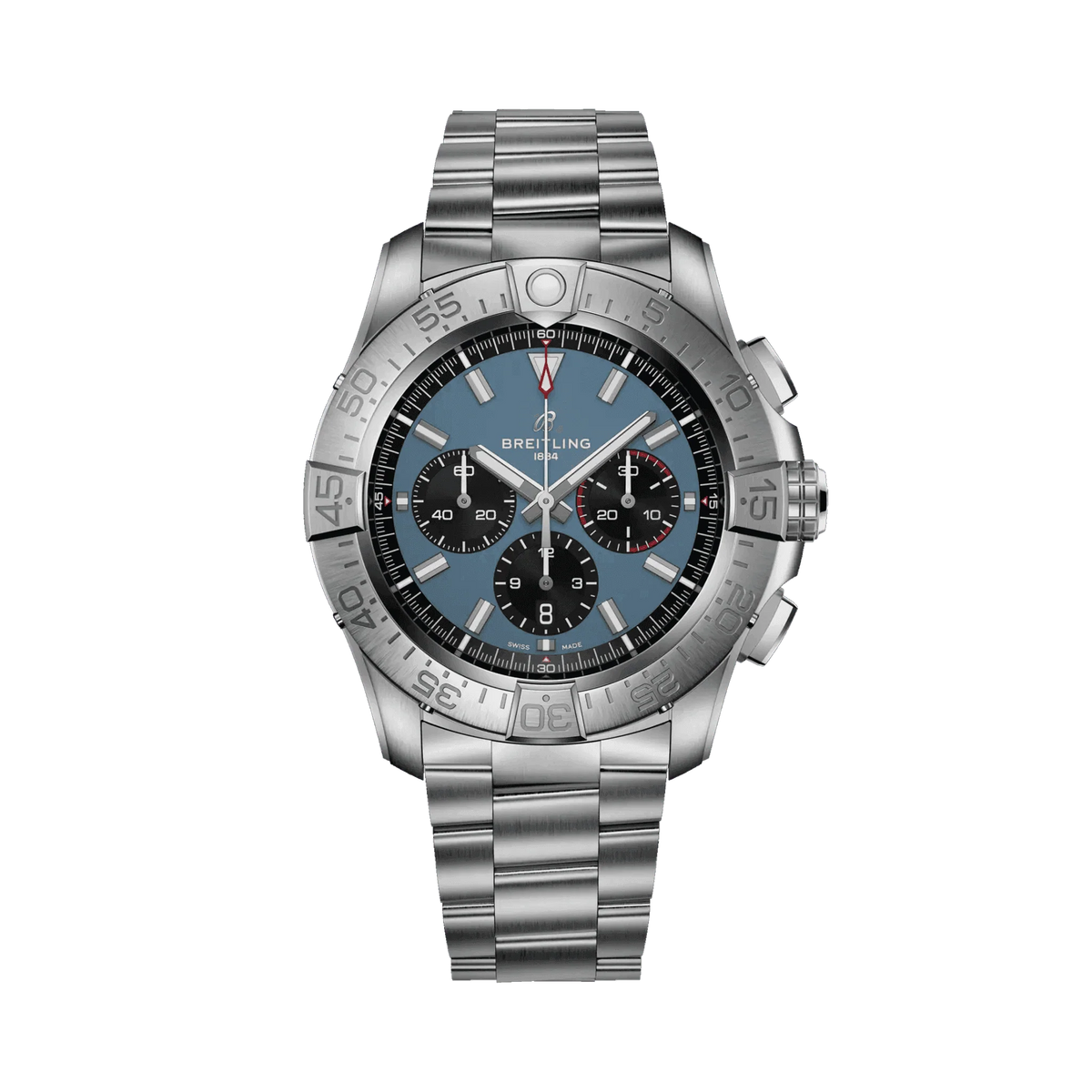 Breitling chronograph watch with a blue dial, three black subdials, red accents, silver tone numbered bezel and metal bracelet.