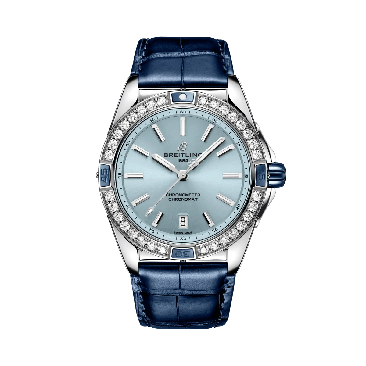 Breitling Chronomat watch with a light blue dial, diamond-set bezel, silver tone case and navy blue leather strap.
