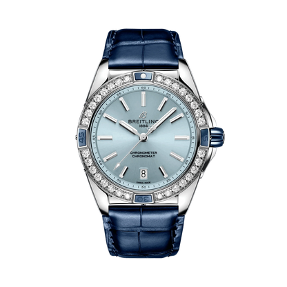 Breitling Chronomat watch with a light blue dial, diamond-set bezel, silver tone case and navy blue leather strap.