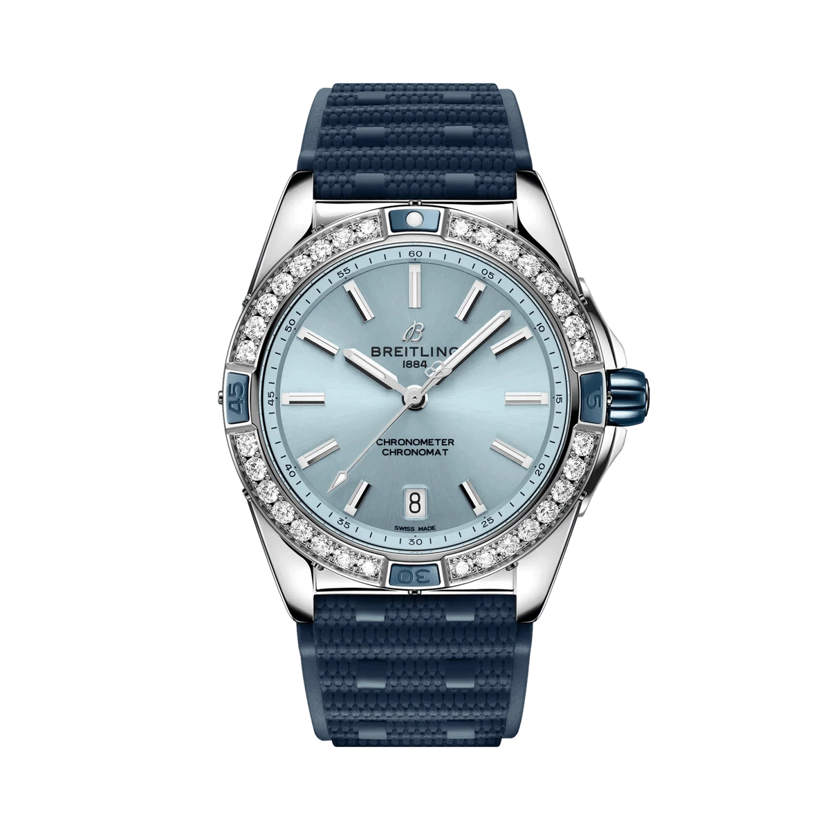 Breitling Chronomat watch with a light blue dial, diamond-set bezel, silver tone case and textured navy blue strap.