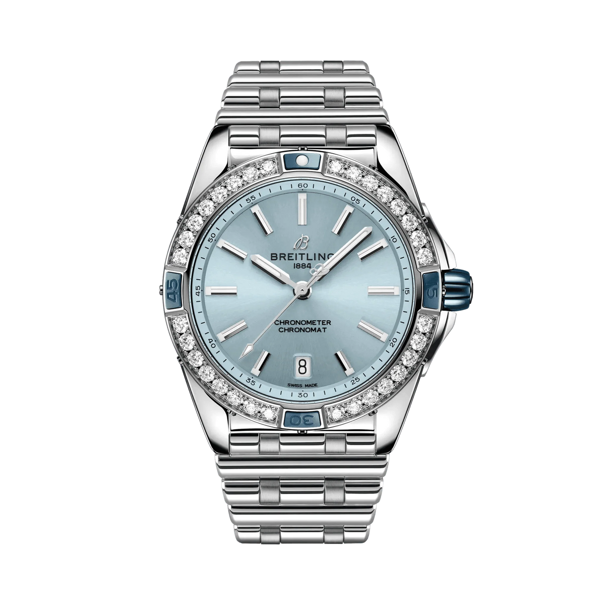 Breitling Chronomat watch with a light blue dial, diamond-set bezel, date display and silver tone metal bracelet.