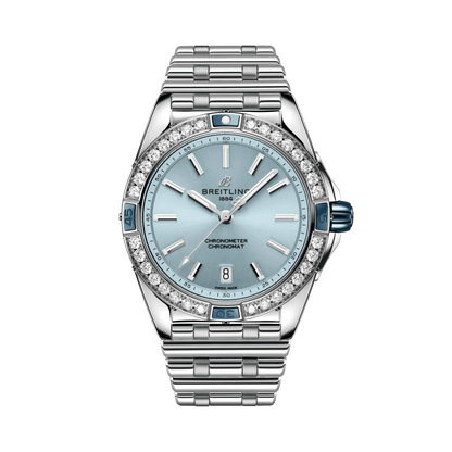 Breitling Chronomat watch with a light blue dial, diamond-set bezel, date display and silver tone metal bracelet.