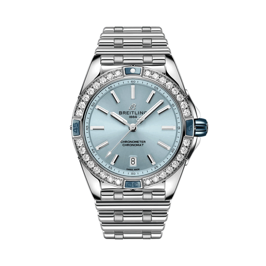 Breitling Chronomat watch with a light blue dial, diamond-set bezel, date display and silver tone metal bracelet.