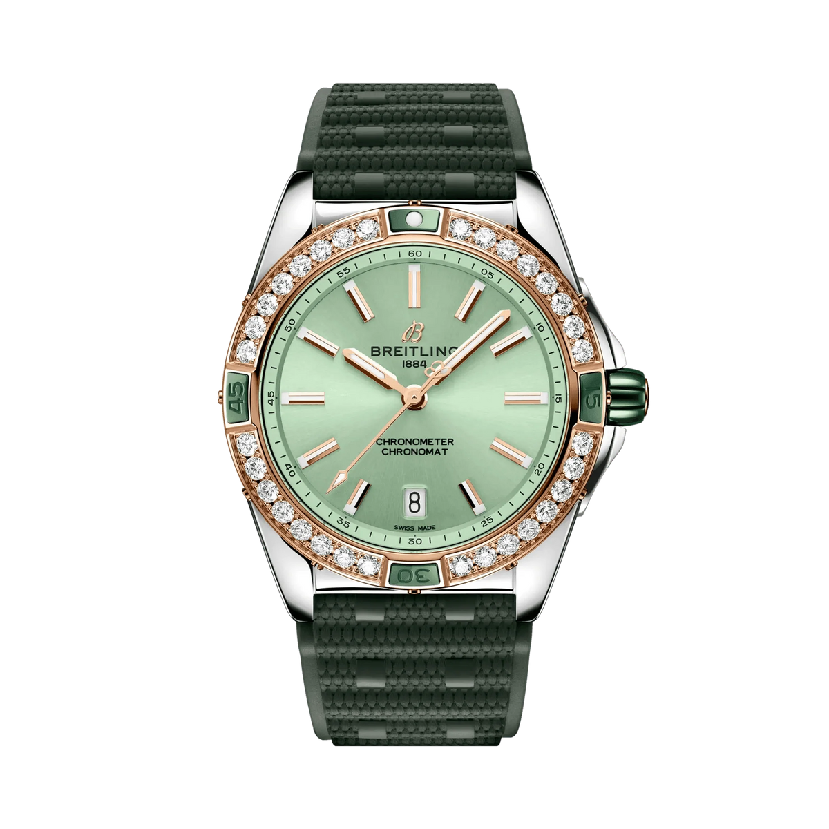 Breitling Chronomat watch with a mint green dial, diamond-set rose gold tone bezel, silver tone case and textured dark green strap.