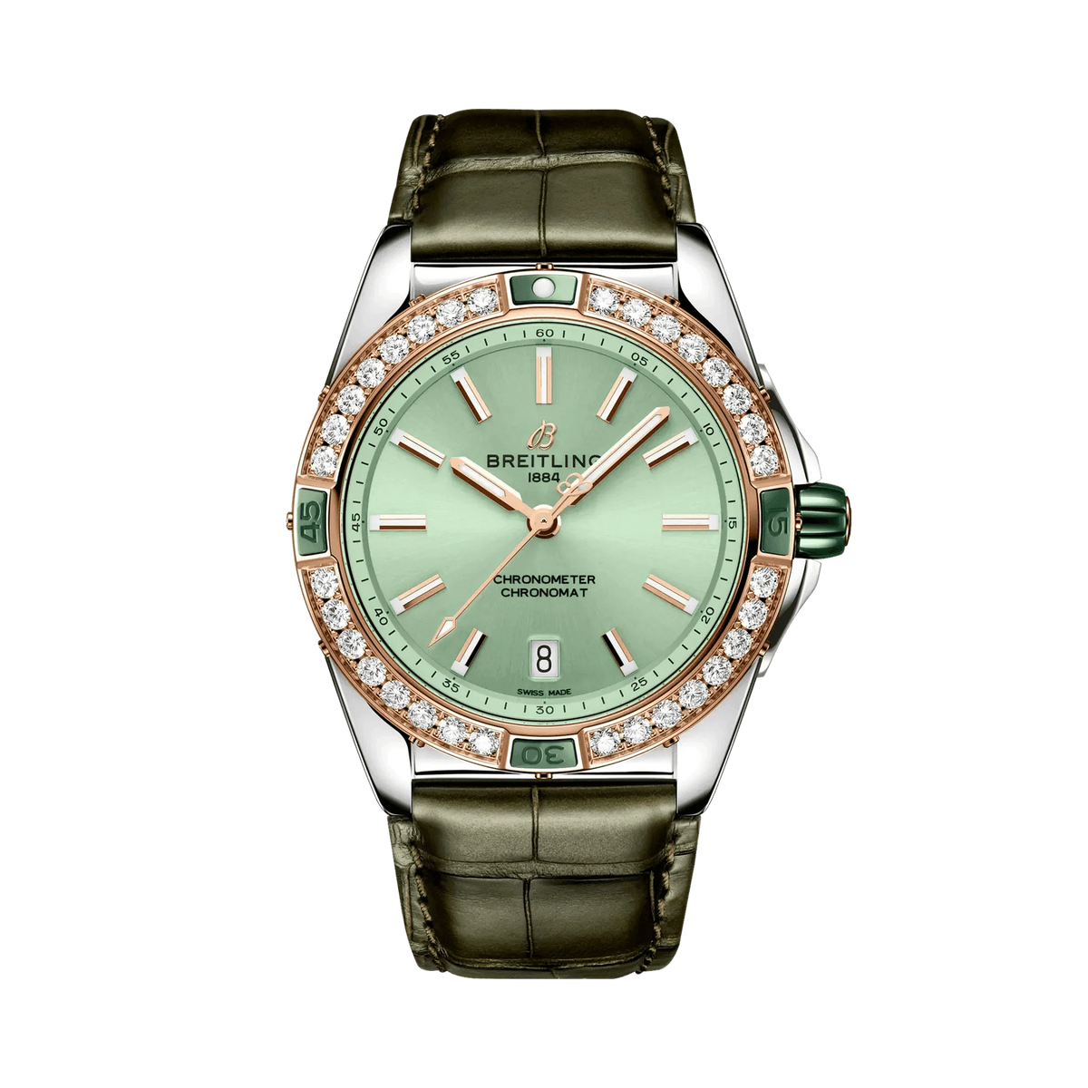 Breitling Chronomat watch with a mint green dial, diamond-set rose gold tone bezel, green accents, date display and dark green leather strap.