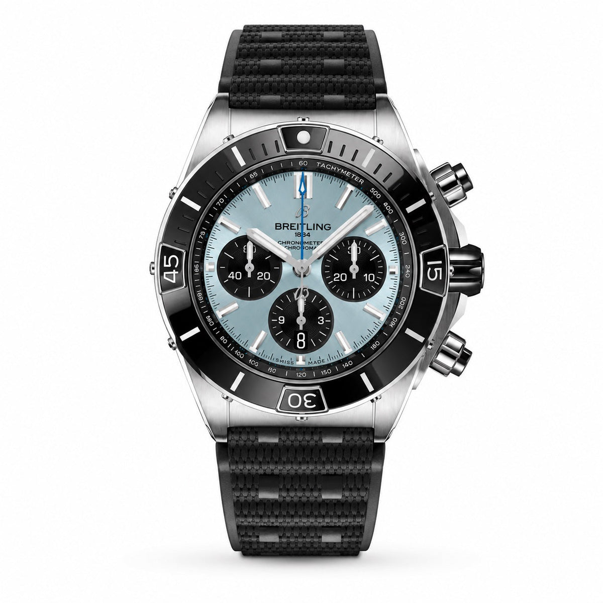 Breitling Chronomat chronograph watch with a light blue dial, three black subdials, black bezel and textured black strap.
