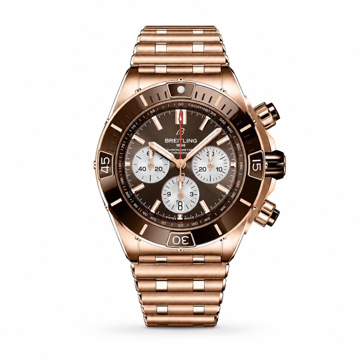 Breitling chronograph watch with a brown dial, three silver subdials, rose gold tone bezel and matching metal bracelet.