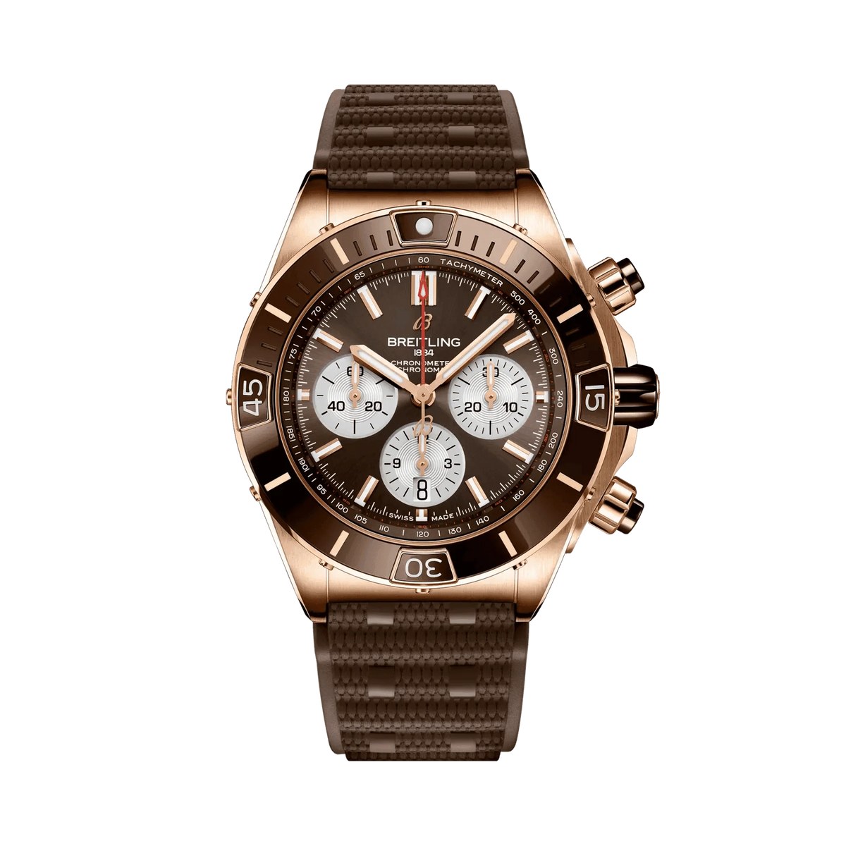 Breitling chronograph watch with a brown dial, three silver subdials, rose gold tone case, brown numbered bezel and textured brown strap.