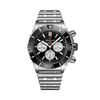 Breitling Chronomat chronograph watch with a black dial, three silver subdials, date display, silver tone bezel and metal bracelet.