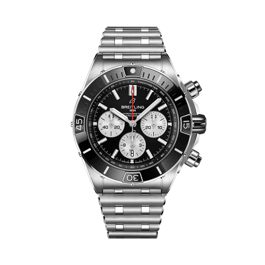 Breitling Chronomat chronograph watch with a black dial, three silver subdials, date display, silver tone bezel and metal bracelet.