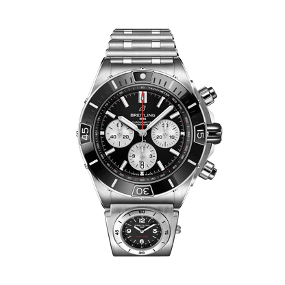 Breitling Chronomat chronograph with a black dial, three silver subdials, silver tone bracelet and a second watch dial beneath the main case.