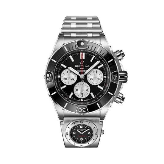 Breitling Chronomat chronograph with a black dial, three silver subdials, silver tone bracelet and a second watch dial beneath the main case.