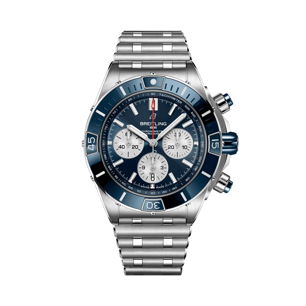 Breitling chronograph watch with a blue dial, three silver subdials, blue numbered bezel, silver tone case and metal link bracelet.