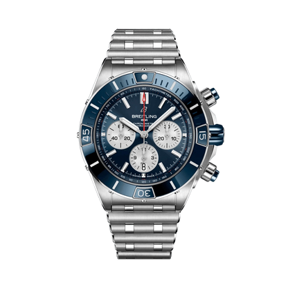 Breitling chronograph watch with a blue dial, three silver subdials, blue numbered bezel, silver tone case and metal link bracelet.