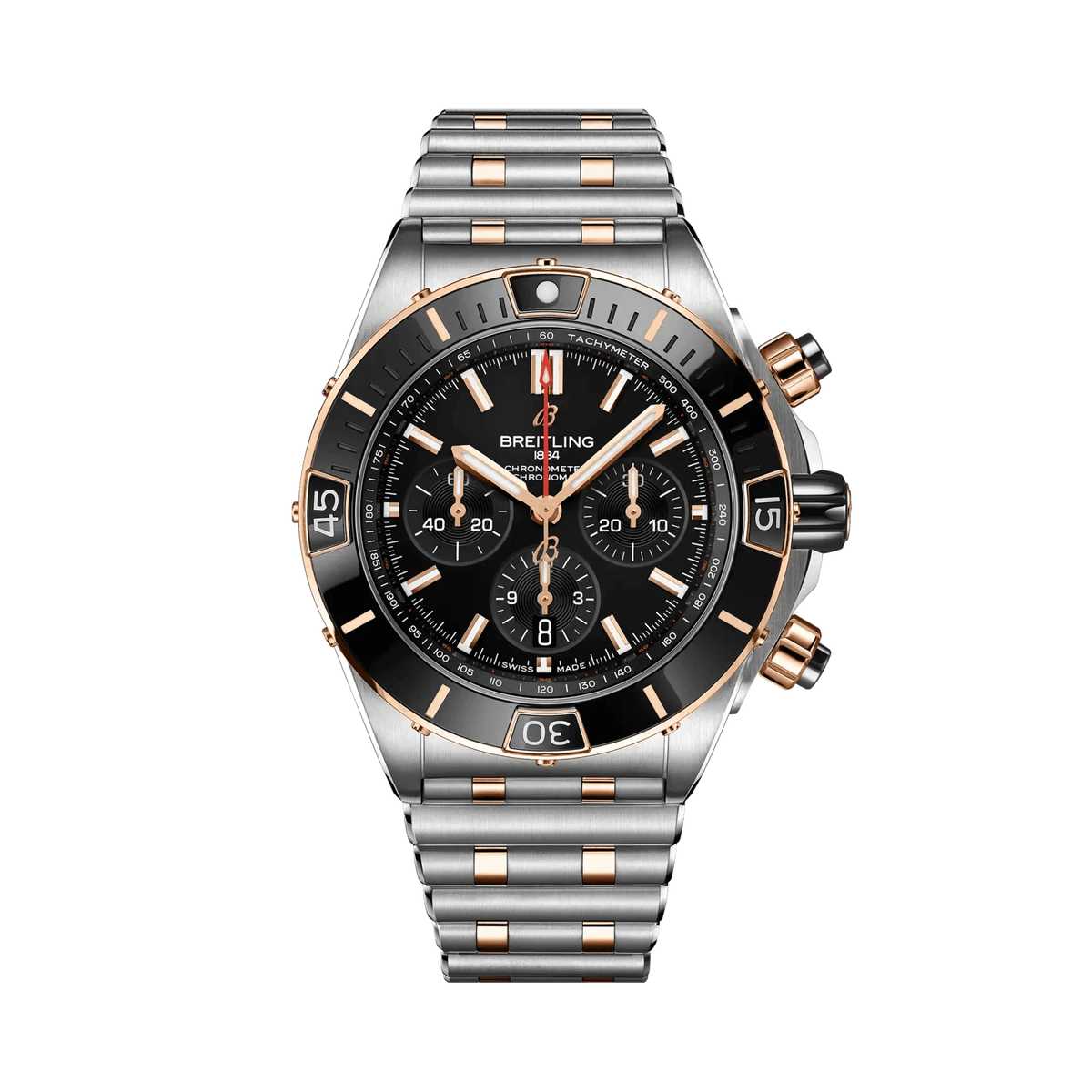 Breitling Chronomat chronograph watch with a black dial, three black subdials, rose gold tone accents, date display and two-tone metal bracelet.