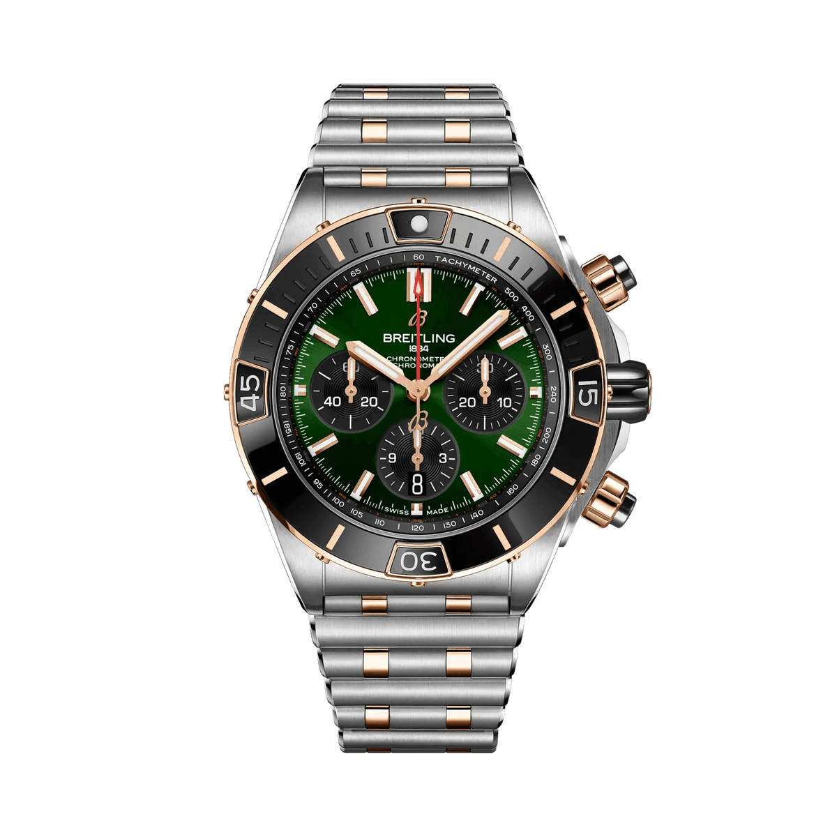 Breitling Chronomat chronograph watch with a green dial, three black subdials, rose gold tone accents, date display and two-tone metal bracelet.