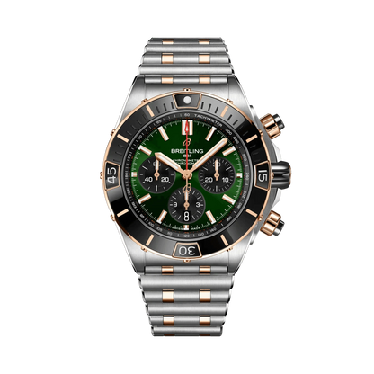 Breitling Chronomat chronograph watch with a green dial, three black subdials, rose gold tone accents, date display and two-tone metal bracelet.