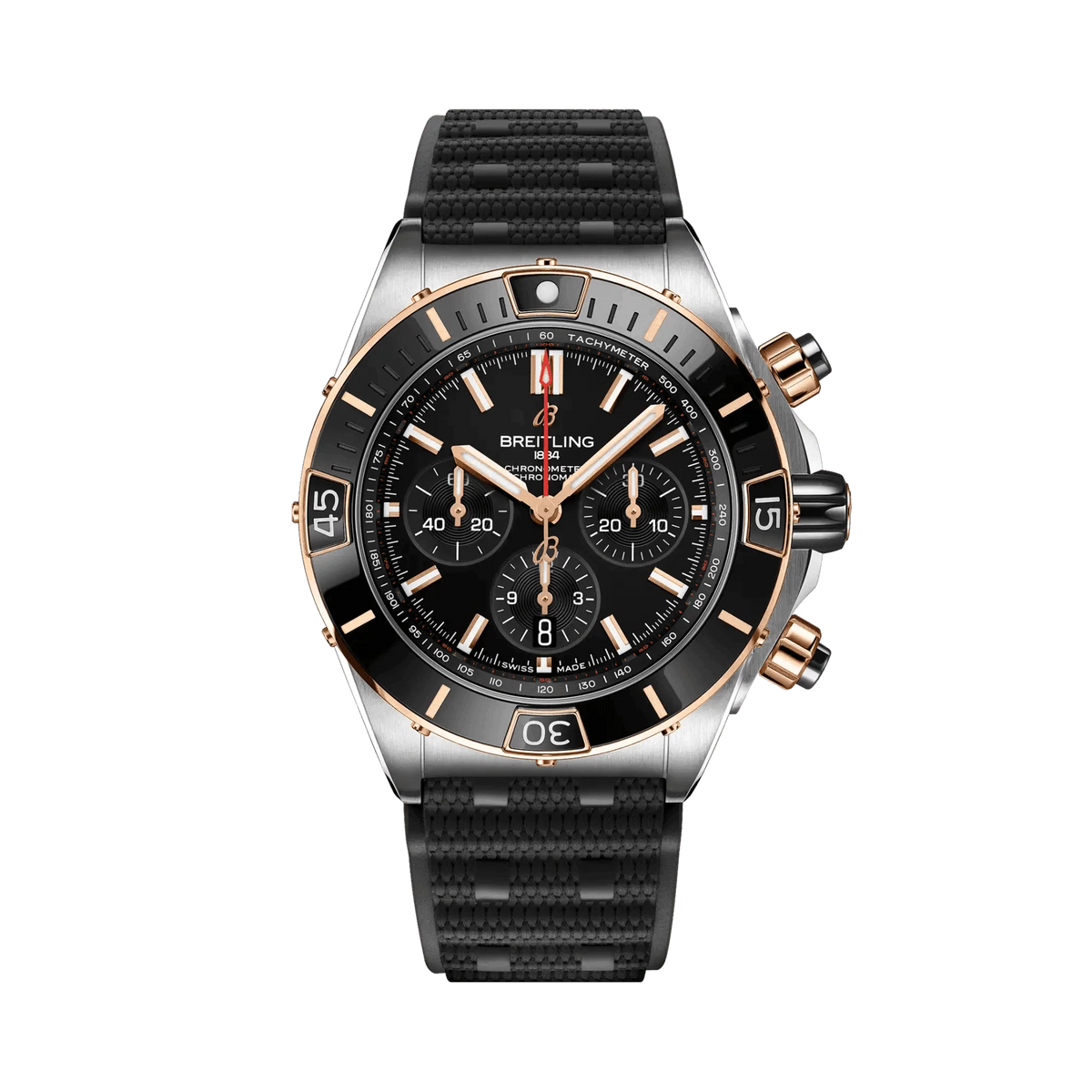 Breitling Chronomat chronograph watch with a black dial, three black subdials, rose gold tone accents, date display and textured black strap.