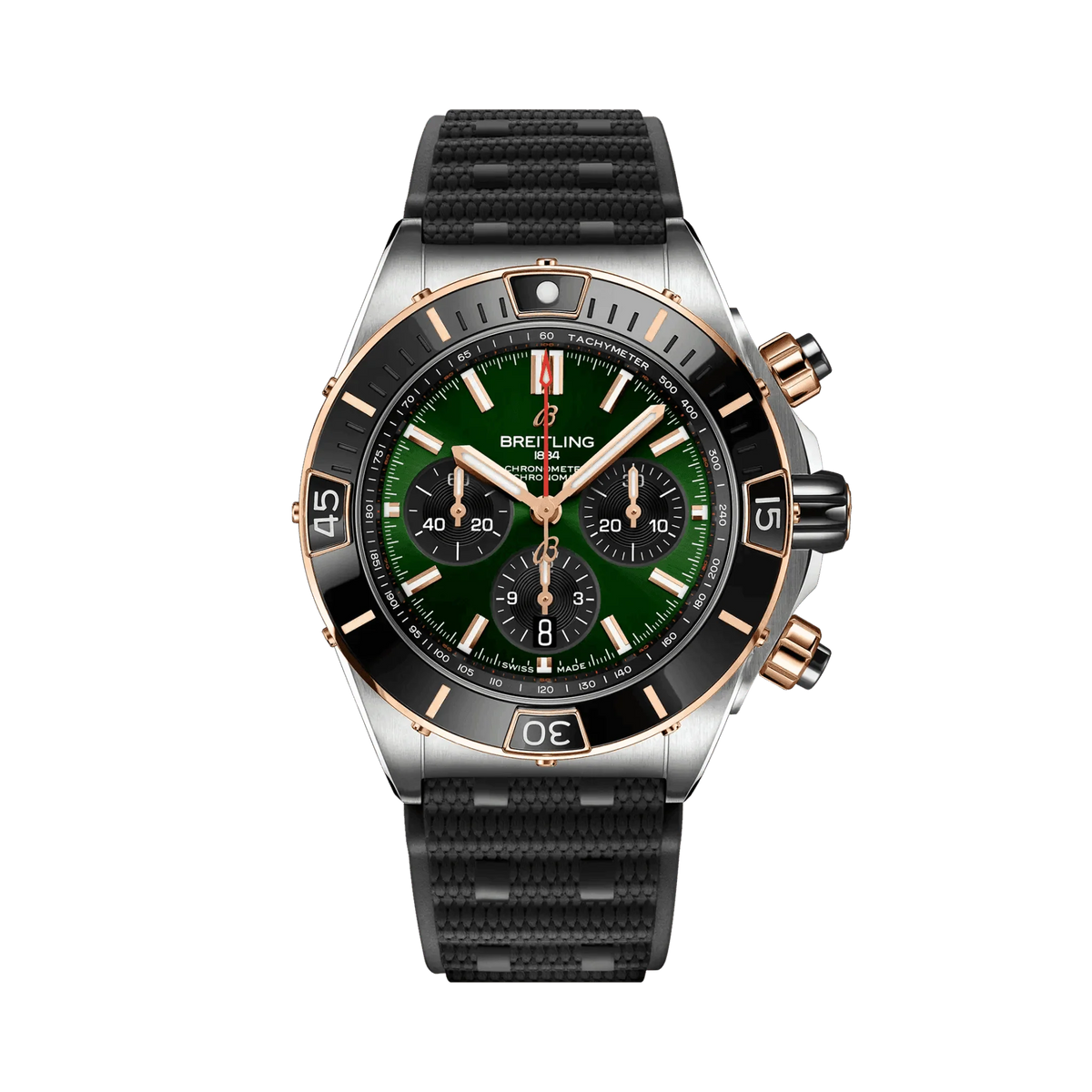 Breitling Chronomat chronograph watch with a green dial, three black subdials, rose gold tone accents, date display and textured black strap.