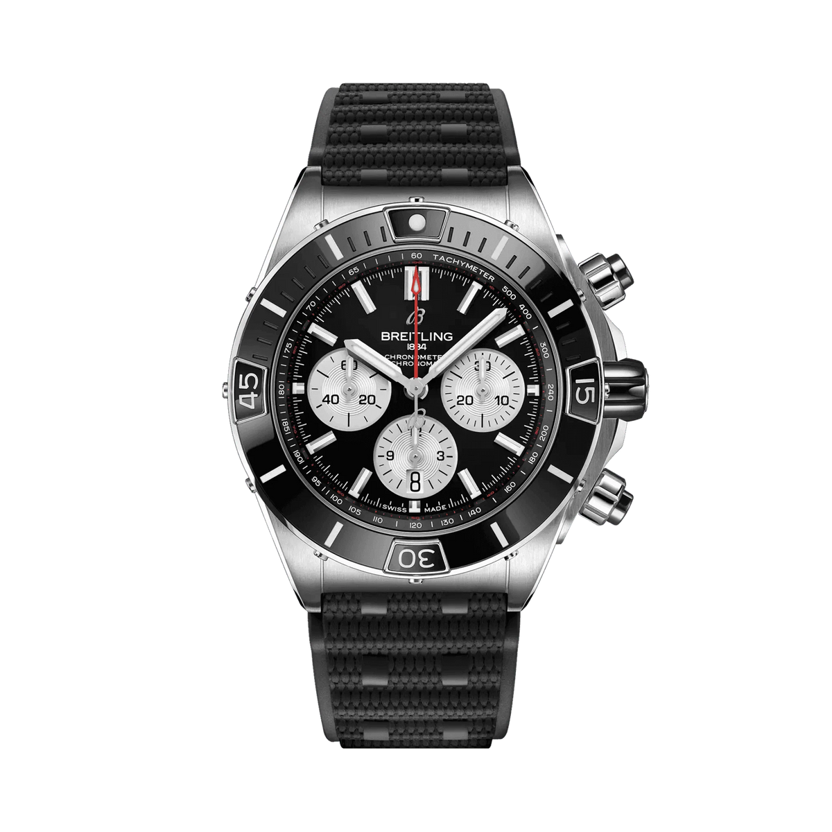 Breitling Chronomat chronograph watch with a black dial, three silver subdials, date display, silver tone bezel and textured black strap.