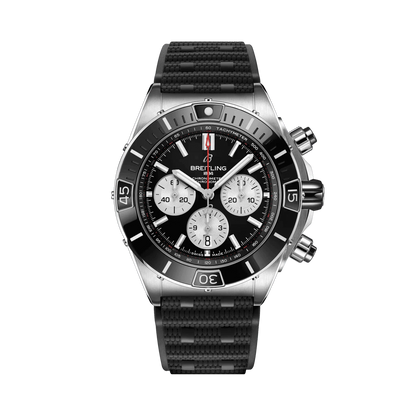 Breitling Chronomat chronograph watch with a black dial, three silver subdials, date display, silver tone bezel and textured black strap.