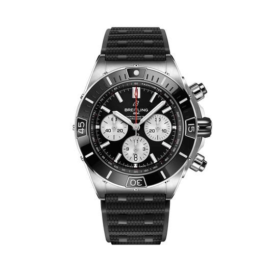 Breitling Chronomat chronograph watch with a black dial, three silver subdials, date display, silver tone bezel and textured black strap.