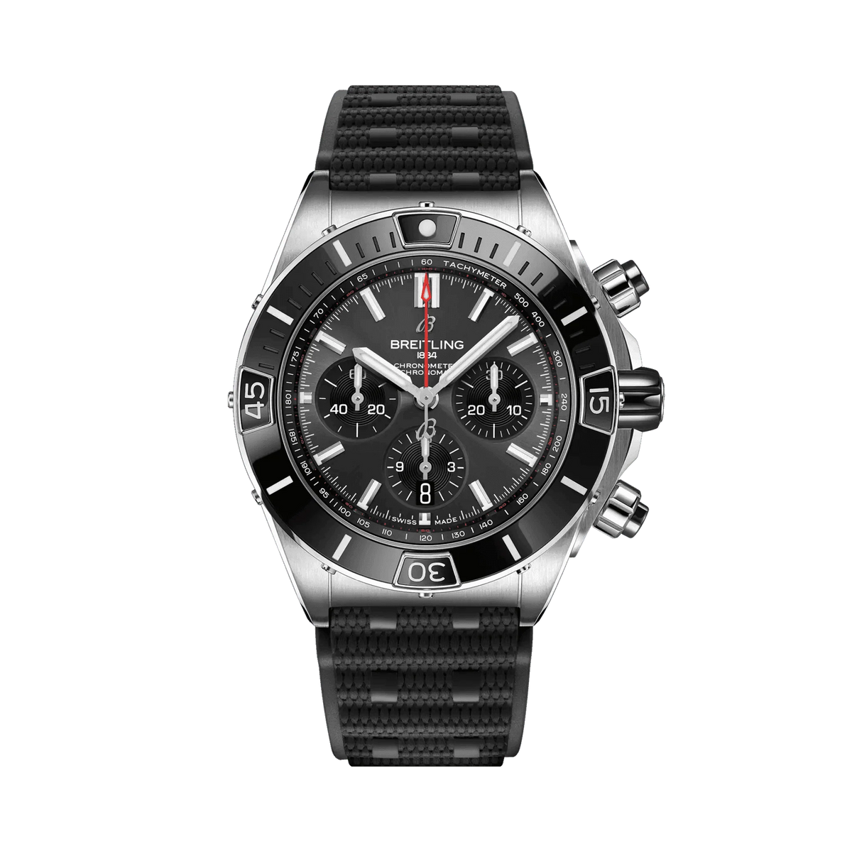 Breitling Chronomat chronograph watch with a grey dial, three black subdials, date display, silver tone bezel and textured black strap.