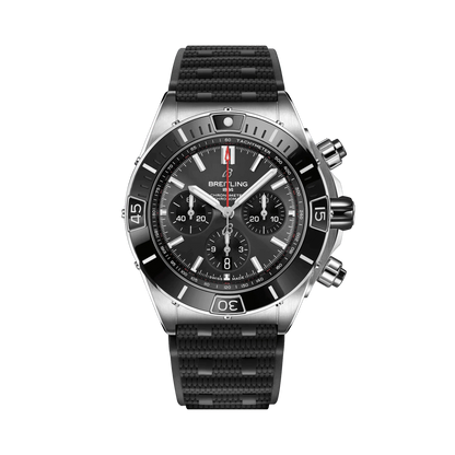 Breitling Chronomat chronograph watch with a grey dial, three black subdials, date display, silver tone bezel and textured black strap.