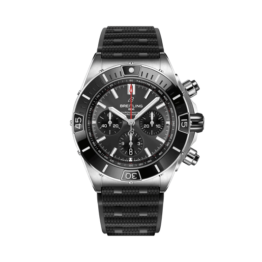 Breitling Chronomat chronograph watch with a grey dial, three black subdials, date display, silver tone bezel and textured black strap.