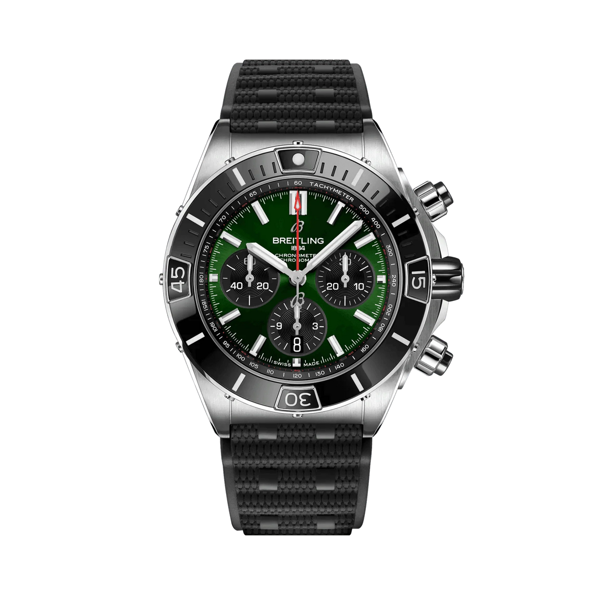 Breitling Chronomat chronograph watch with a green dial, three black subdials, date display, silver tone bezel and textured black strap.