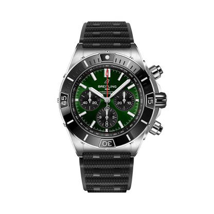 Breitling Chronomat chronograph watch with a green dial, three black subdials, date display, silver tone bezel and textured black strap.