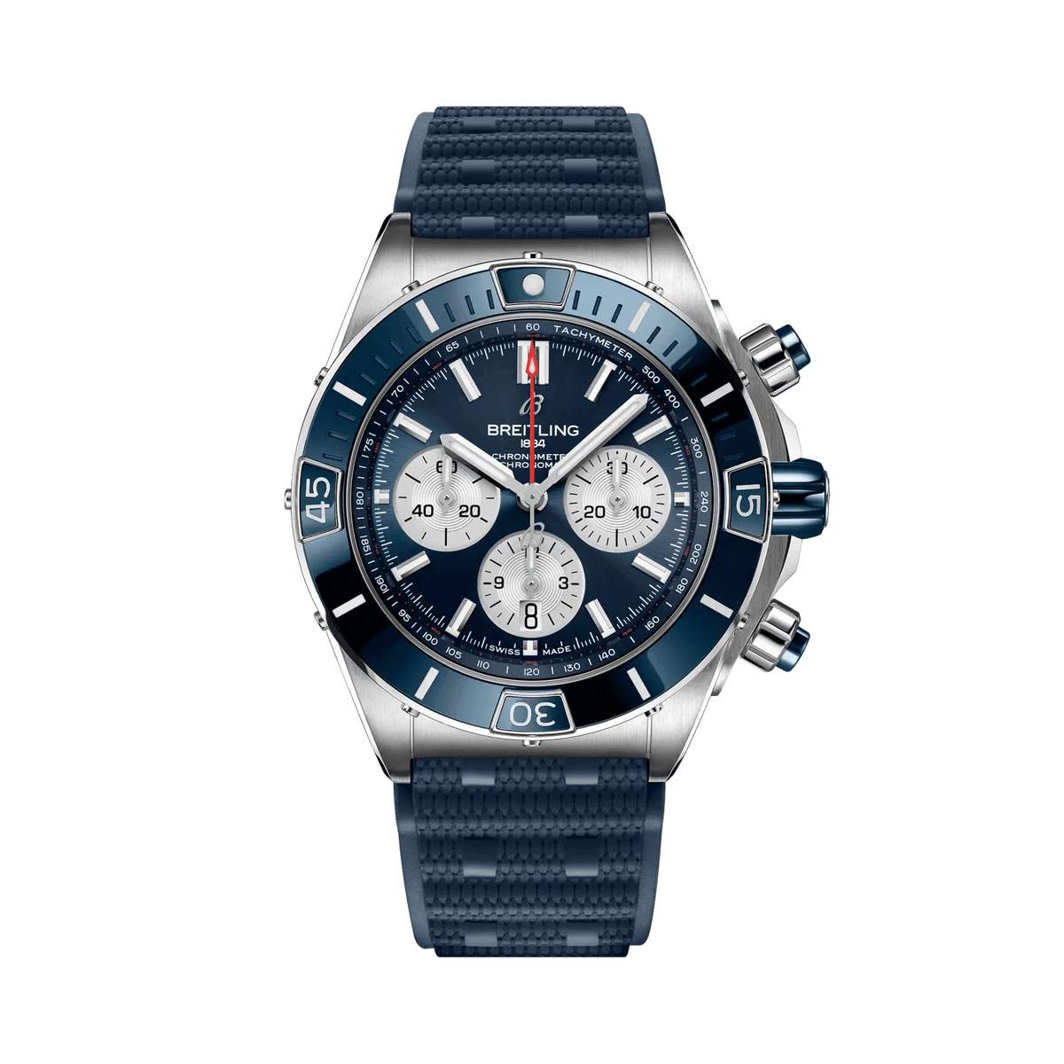 Breitling Chronomat chronograph watch with a blue dial and bezel, three silver subdials, date display and textured blue strap.