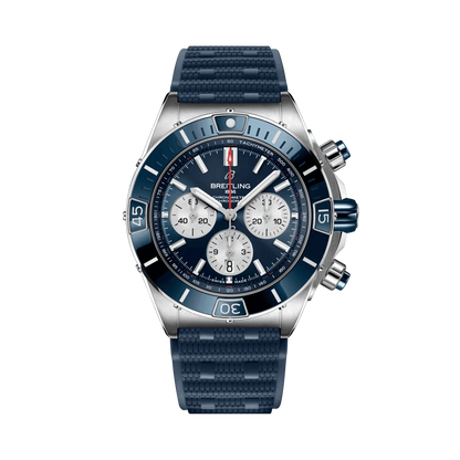 Breitling Chronomat chronograph watch with a blue dial and bezel, three silver subdials, date display and textured blue strap.