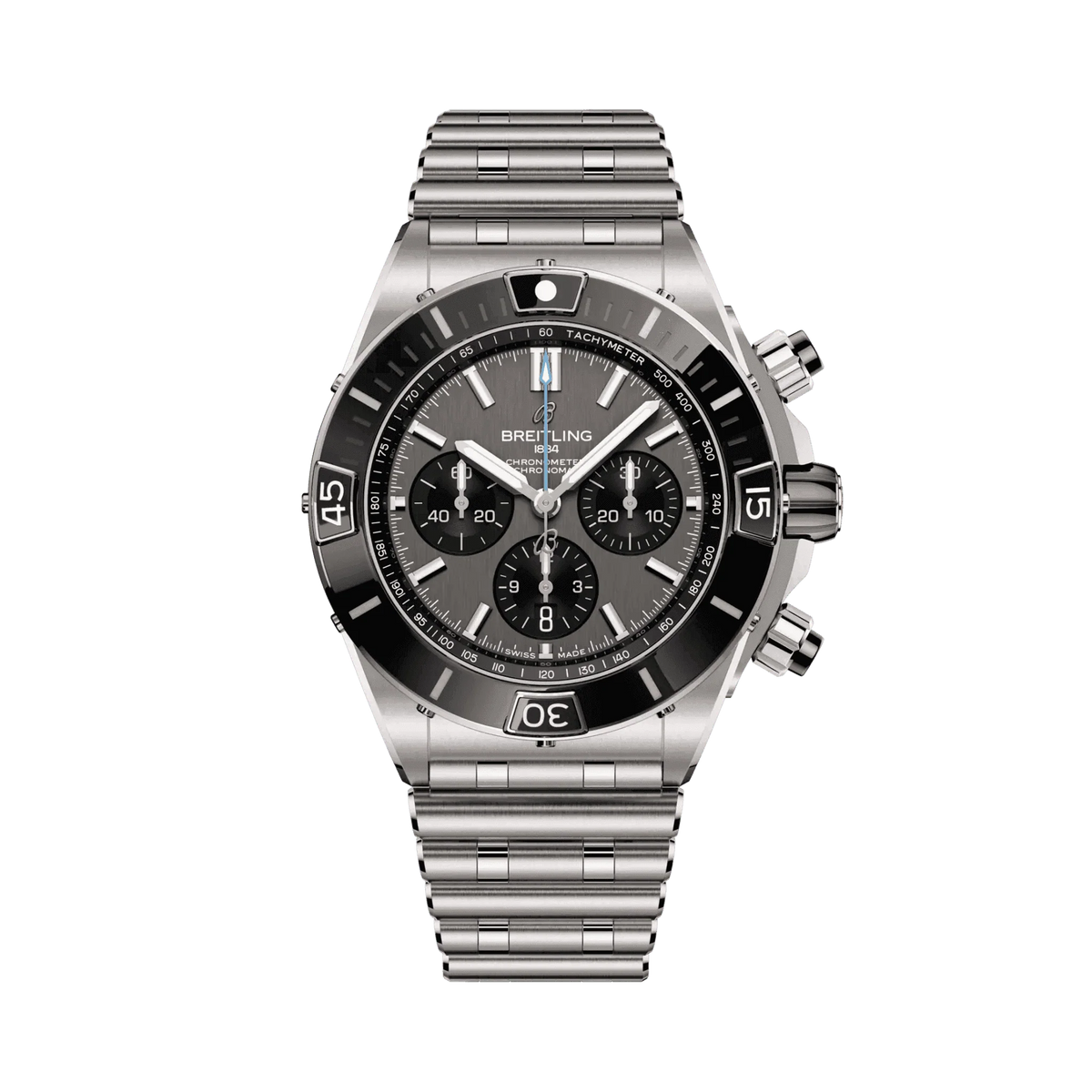Breitling Chronomat chronograph watch with a grey dial, three black subdials, date display, silver tone bezel and metal bracelet.