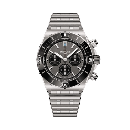 Breitling Chronomat chronograph watch with a grey dial, three black subdials, date display, silver tone bezel and metal bracelet.