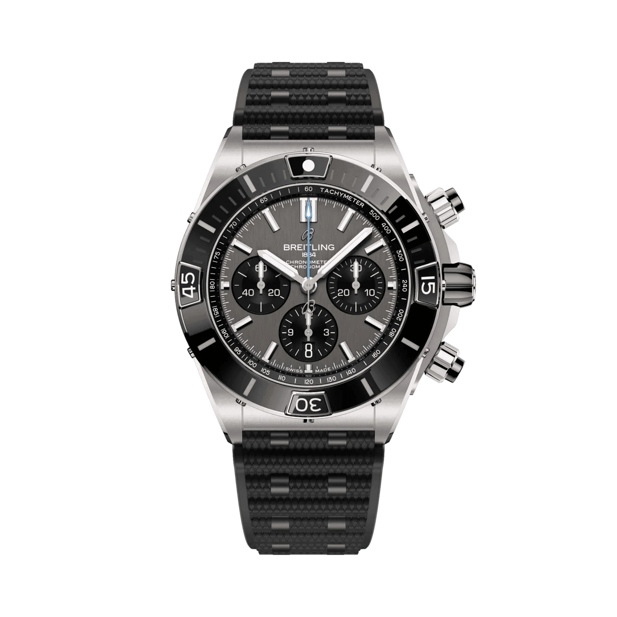 Breitling Chronomat chronograph watch with a grey dial, three black subdials, date display, silver tone bezel and textured black strap.