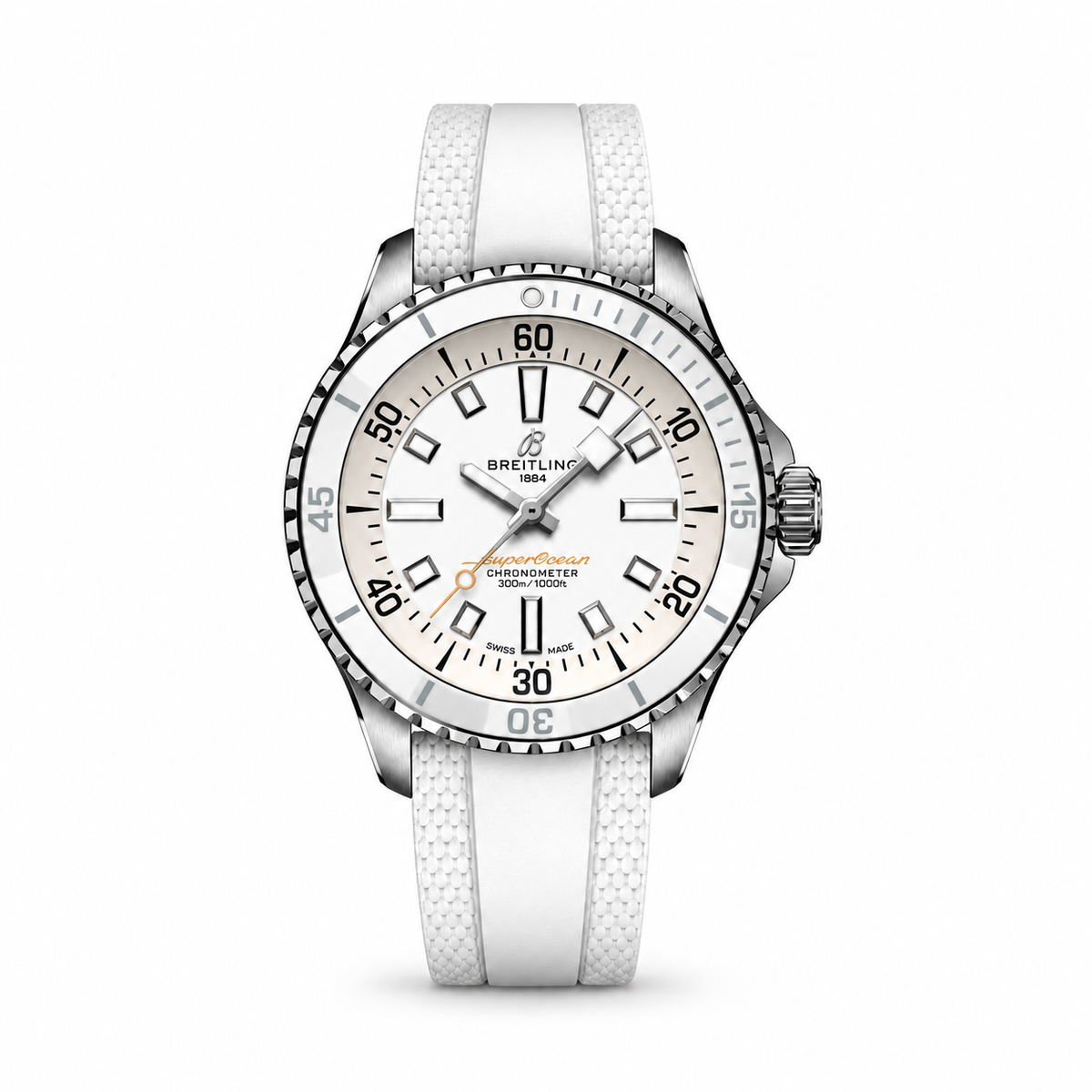 Breitling Superocean watch with a white dial and bezel, silver tone case, orange seconds hand and white textured rubber strap.