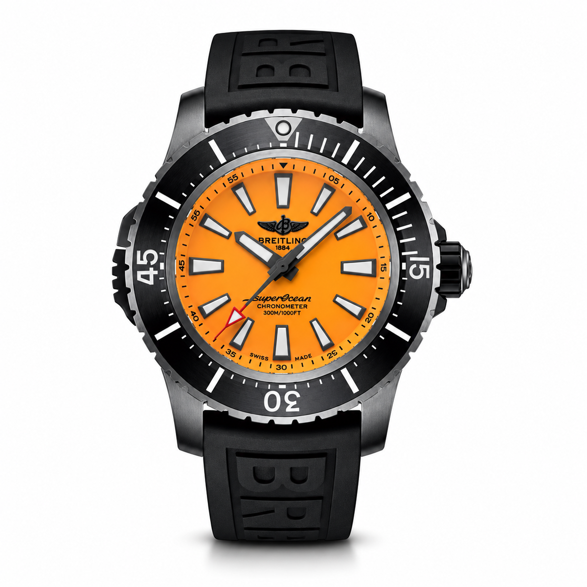 Breitling Superocean stainless steel dive watch featuring a vibrant orange dial, black rotating bezel, luminous hands and hour markers, date display, and black rubber strap.