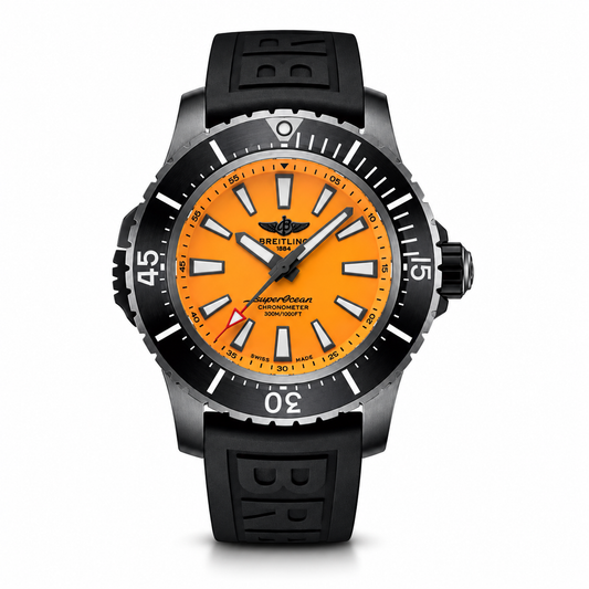 Breitling Superocean stainless steel dive watch featuring a vibrant orange dial, black rotating bezel, luminous hands and hour markers, date display, and black rubber strap.