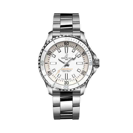 A Breitling Supermariner Chronograph wristwatch with a stainless-steel link bracelet, featuring a white dial, black bezel, and silver-tone case.