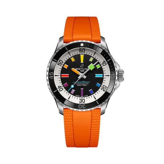Breitling Superocean Automatic watch with a stainless steel case, black dial featuring multicolored baton markers, black bezel, and an orange rubber strap.